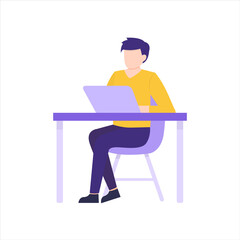 Work in an office flat, a Man working in an office at a Desk, Working at a computer. Vector illustration isolated on white background