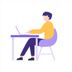 Work in an office flat, a Man working in an office at a Desk, Working at a computer. Vector illustration isolated on white background