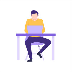 Work in an office flat, a Man working in an office at a Desk, Working at a computer. Vector illustration isolated on white background