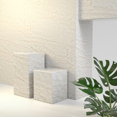 Double Mockup Stone Platforms Background For Show Products With Plant 3d Render