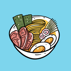 Ramen asian food. Japanese noodle. Colorful vector illustration. Isolated on blue background.