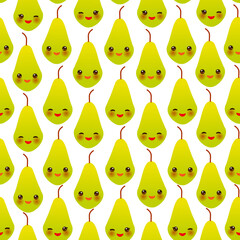 Fototapeta premium Seamless pattern with cute Kawaii green pear with wink eyes and pink cheeks, isolated on white background trend of the season. Can be used for Gift wrap fabrics, wallpapers, food packaging. Vector