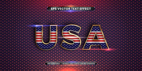 Editable text effect - USA word with its national country flag. Text effect style in 3d America, text effect theme editable metal gold color concept