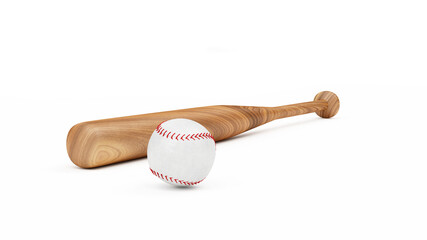 Sports equipment baseball wooden bat with ball isolated on white background