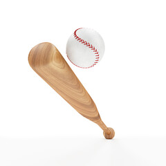Sports equipment, baseball wooden bat hits the ball isolated on white background