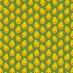 Seamless pattern with cute Kawaii papaya with wink eyes and pink cheeks, on green background trend of the season. Can be used for Gift wrap fabrics, wallpapers, food packaging. Vector
