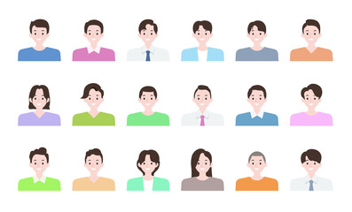 
Male flat illustration set with various faces and hairstyles