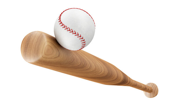 Close-up view on Sports equipment, baseball wooden bat hits the ball isolated on white background