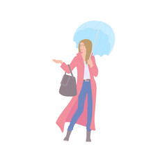 Woman in raincoat with umbrella and bag of urban style. Vector flat isolated character on a white background.