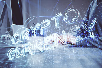 Blockchain theme hud with businessman working on computer on background. Concept of crypto chain. Multi exposure.