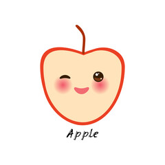 cute Kawaii red apple with eyes and pink cheeks, isolated on white background trend of the season. Can be used for cards for children learning words, food packaging. Vector