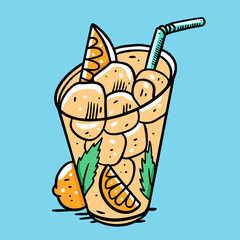 Lemonade with lemon, mint and ice cube. Colorful vector illustration. Isolated on blue background.