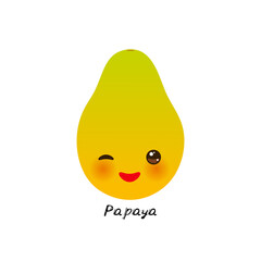 cute Kawaii green papaya with eyes and pink cheeks, isolated on white background trend of the season. Can be used for cards for children learning words, food packaging. Vector illustration