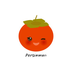 cute Kawaii persimmon with eyes and pink cheeks, isolated on white background trend of the season. Can be used for cards for children learning words, food packaging. Vector