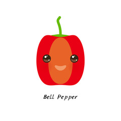 cute Kawaii red Bell pepper with eyes and pink cheeks, isolated on white background trend of the season. Can be used for cards for children learning words, food packaging. Vector