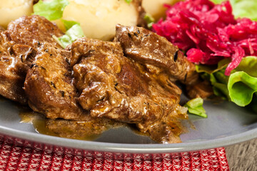 Pork tenderloin in mushroom sauce with boiled potatoes and salad..Pork tenderloin in mushroom sauce...