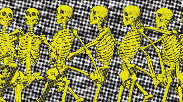Seamless funny animation of dancing skeletons in halftone photocopy printed style.Halloween zine culture video loop with a trendy cool psychedelic look special for clubs and parties.