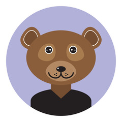 Kawaii funny little brown bear, portrait, face on yellow round background. Card banner design Nursery decor trend of the season, scandinavian style. Vector