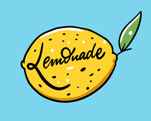 Lemonade calligraphy logo. Cartoon style. Vector illustration. Isolated on blue background.