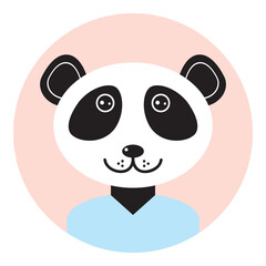 Fototapeta premium Kawaii funny little panda, portrait, face on pink round background. Card banner design Nursery decor trend of the season, scandinavian style. Vector