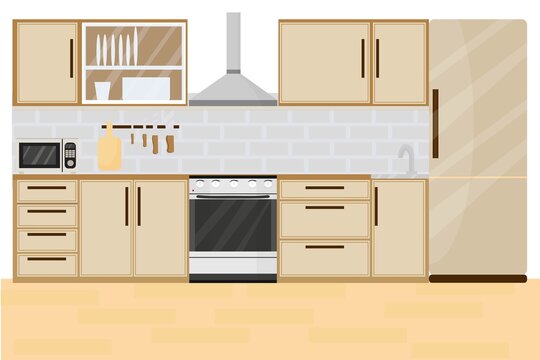 Kitchen Interior With Furniture And Stove, Cupboard, Fridge And Utensils. Flat Cartoon Style Stock Vector Illustration. Plan Of Design, Indoor Design, Clean And Empty Room.