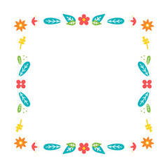 Cute colorful vector square floral frame with leaves and flowers for spring and summer design.