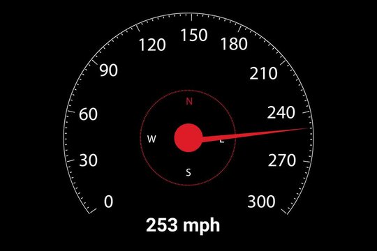 High speed speedometer for modern cars, showing till 300 miles per hour