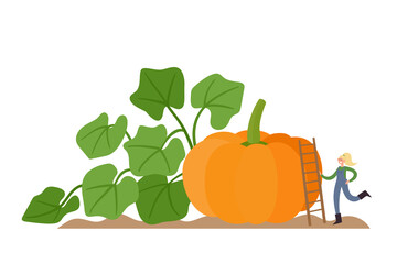 Vector illustration with tiny woman standing near pumpkin with leaves