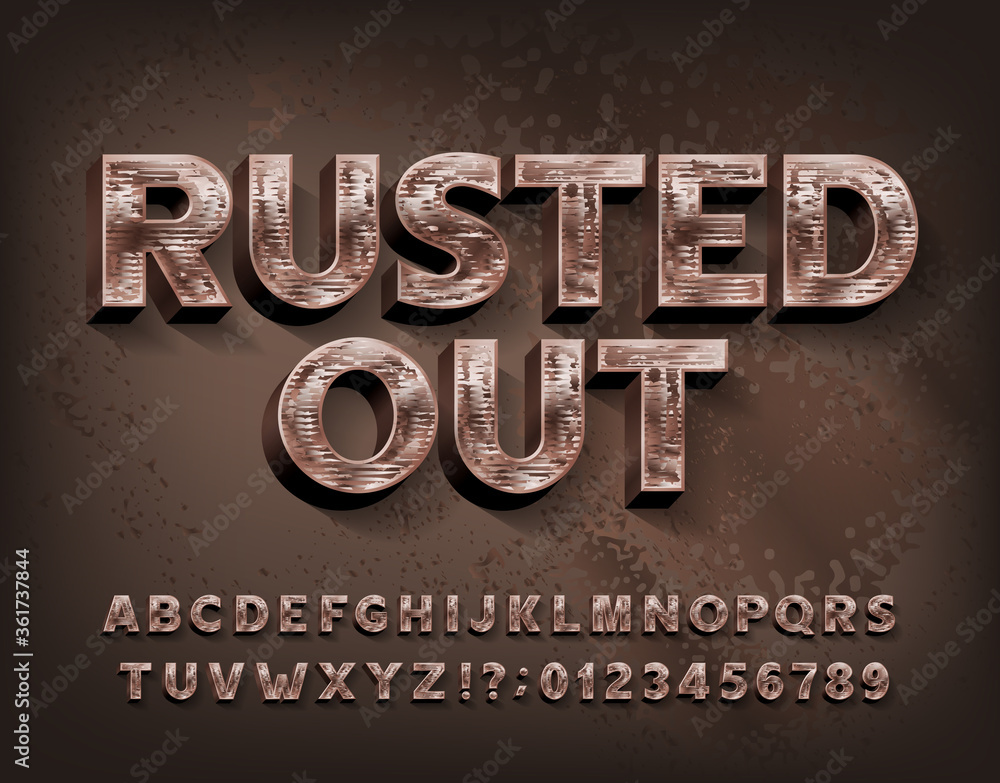 Fototapete rusted out alphabet font. scratched metal letters and numbers. stock vector typescript for your desi