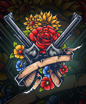 Vector illustration tattoo designs of revolver guns with flowers and banner for text placement