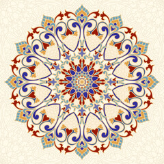 Template greeting card, invitation and advertising banner, brochure with floral hand drawn Mandala. Round colorful floral ornament Traditional Oriental pattern, vector illustration © psk55