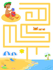 Holidays on the beach, vector kids maze illustration