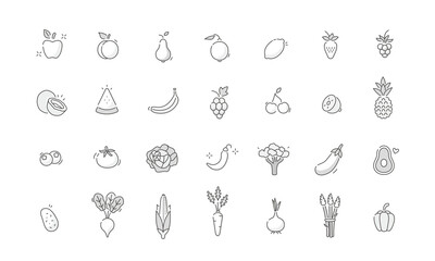 Fruits and Vegetables Icons. Berries, Fruits,Vegetables and other Garden Products Signs Collection. Diet and Healthy Eating Symbols. Flat Line Vector Illustration and Icons Set.