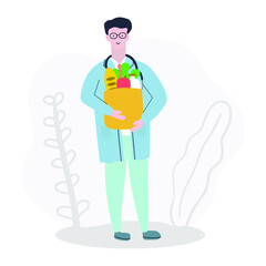 Doctor keeps a paper eco bag with healthy food, a healthy diet for every day concept. Flat illustration. Healthcare.