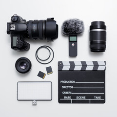 videography and photography equipment - top view of modern dslr camera, lenses, filters, microphone...