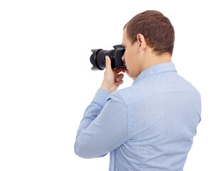 back view of male photographer taking photo with modern dslr camera isolated on white