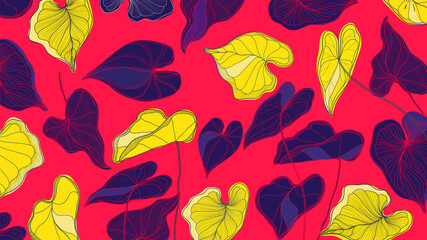 Luxury gold and nature line art ink drawing background vector. Araceae leaves and Floral pattern  vector illustration.