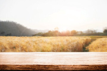 Empty wooden desk space and blurry background of farm for product display montage.