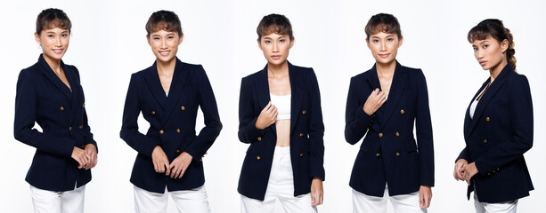 Asian woman 20s blue business suit jacket white background isolated