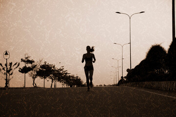 silhouette of a girl running on the road, tinting, texture, background