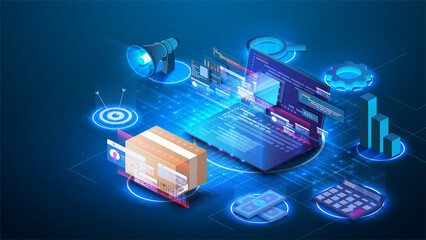 Smart logistics industry 4.0. Inventory optimization isometric  Asset warehouse and inventory management supply chain technology concept. Auditing of data, digital technology. Web banner template - obrazy, fototapety, plakaty