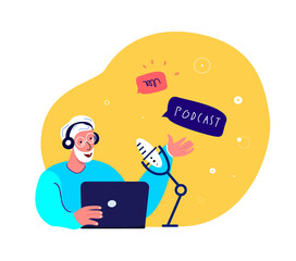 Online Blogging Podcast.Pensioner Retired Old Man in Headphones Talking on Microphone,Media Radio Host.Talking in Laptop Internet. Blogger Podcaster, Broadcaster Communication.Flat Vector Illustration