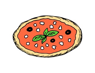 Simple color vector drawing. Pizza with olives, basil cheese isolated on a white background. Italian traditional cuisine, pizzeria, cafe. For print, label, menu, recipe.