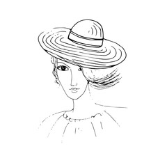 Young woman in a hat. Vector sketch style illustration.