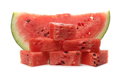 Fresh watermelon slice with chopped pieces isolated on white background