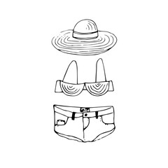 Hand drawn set of the summer fashion clothes. Vector sketch. Shorts, hat and swimming suit.