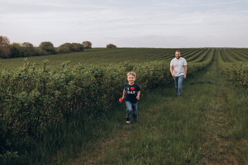 Big young happy family in the field on the nature. Mom, dad and 2 sons are having fun, running, fooling around together. Happiness and smiles around