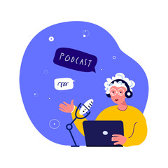 Online Blogging Podcast.Pensioner Retireв Old Woman in Headphones Talking on Microphone,Media Radio Host.Talking in Laptop Internet.Blogger Podcaster,Broadcaster Communication.Flat Vector Illustration