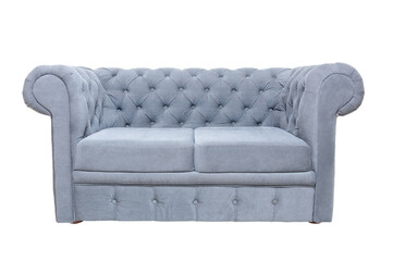 old fashioned vintage grey or blue fabric sofa isolated on white background, front view. modern couch, furniture in retro style, interior, home design