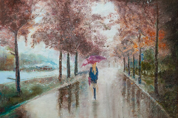 Girl under an umbrella walking in the rain along the alley of the city. Hand oil painting on canvas